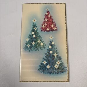 Vintage Christmas Card Trees Starburst Lights Handwritten Letter Gold Border MCM
